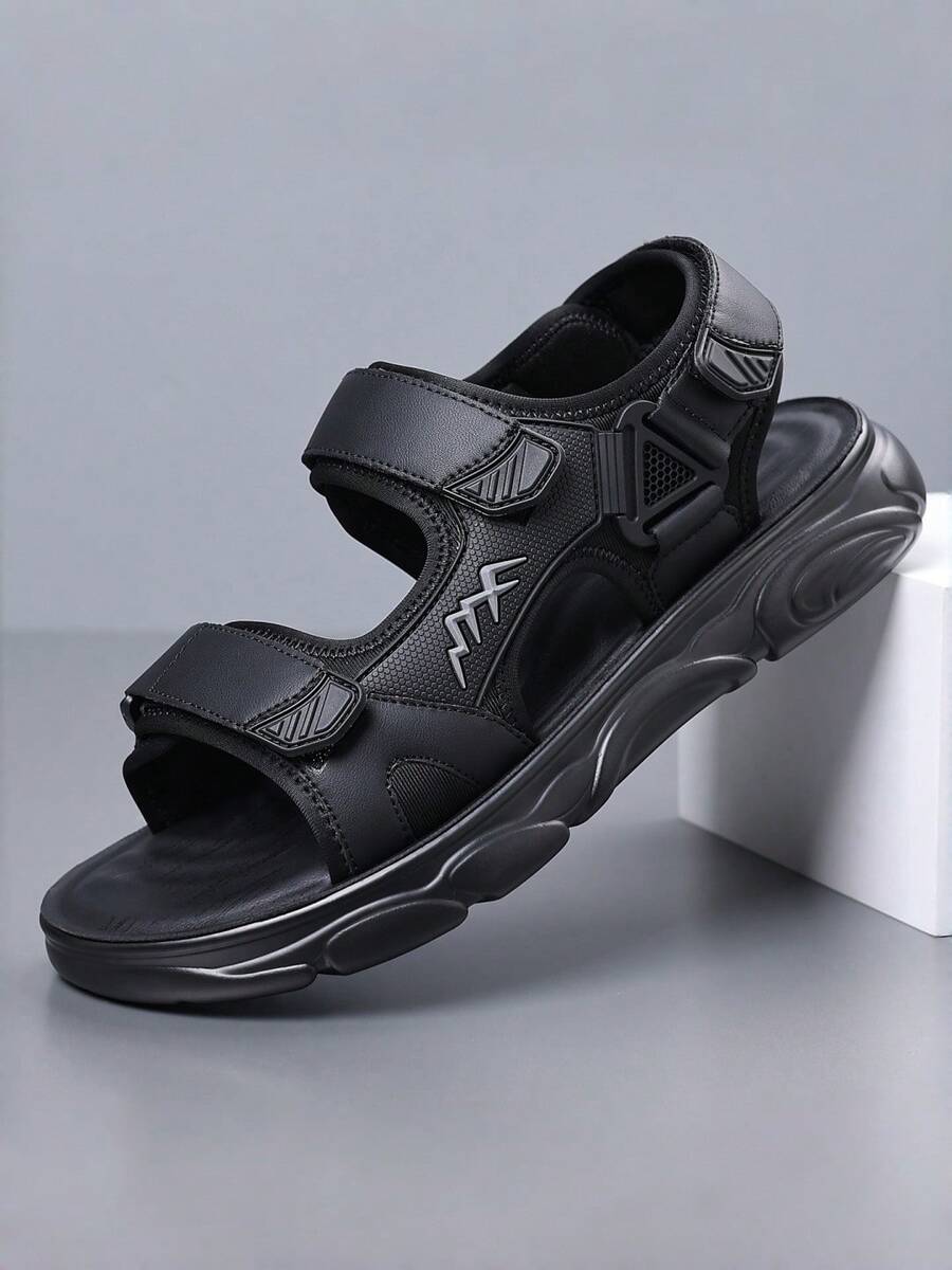 Men's Adjustable Strap Outdoor Hiking Sandals, Open Toe Non-Slip Wear-Resistant Thick Sole Lightweight Breathable Casual Athletic Footwear For Men Beach Camping Travel Daily Wear - 黑色 - 查看 1