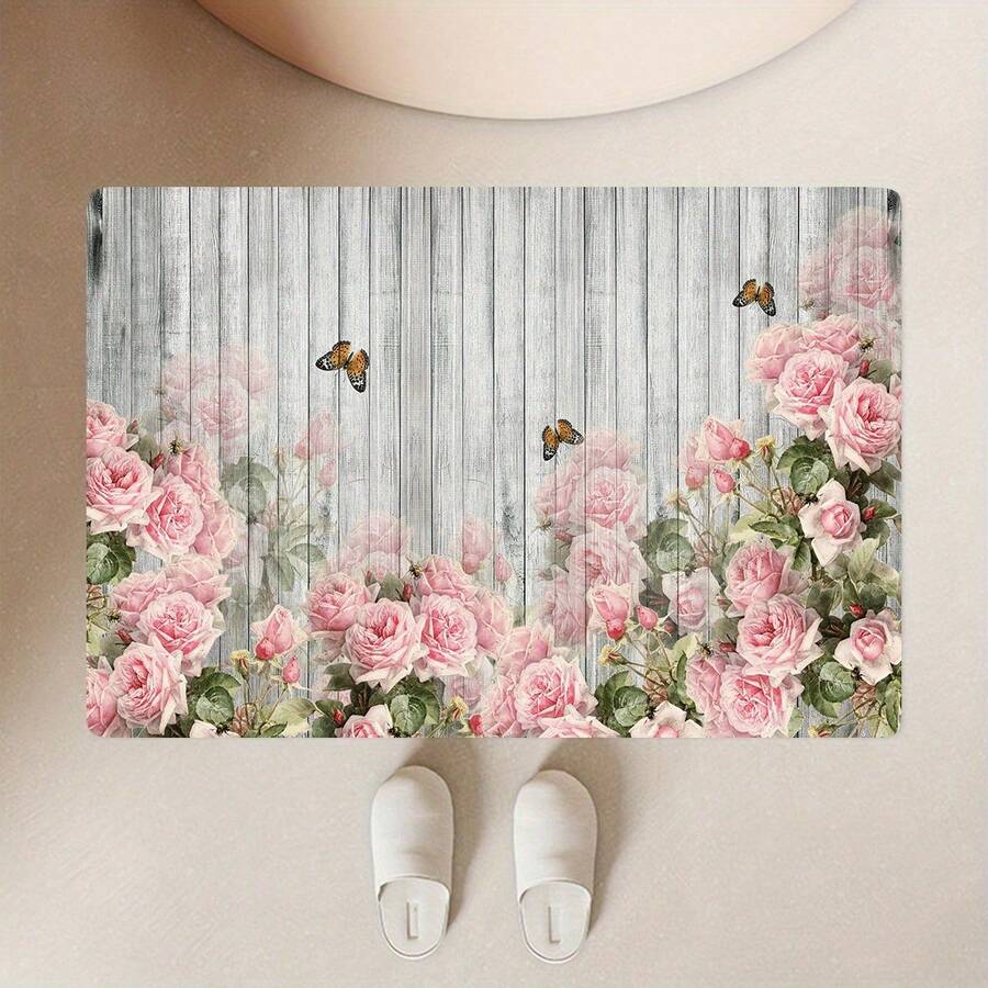 Vintage Pink Floral Pattern Non-Slip Bath Mat - Imitation Material Rectangular Floor Mat, Absorbent And Non-Slip, Suitable For Bedroom, Bathroom, Toilet, Kitchen Entrance, Etc. Home Decoration, Four Seasons Universal Mode, Not Only Is Suitable For The Festival Of Non-Slip Floor Mats, But Also As A Housewarming Gift Wedding Gift To Friends And Family As Well As Their Own Home, Rectangular Entrance Carpet For Indoor/Outdoor Use, Non Slip Backing, Bathroom Mat, Interior Decorative Door Mat, Decorative Floor Mat For Porch/Garden/Terrace, Suitable For Homes, Gardens, And Living Spaces, Ideal Gift For Loved Ones, Enhances Entryway, Living Room, Kitchen Decor, Valentines, Christmas Day, Halloween, Thanksgiving Day, Easter Day, Mother's Day, Father's Day, Back To School Season Decorations - Kiểu 10 - Xem 1