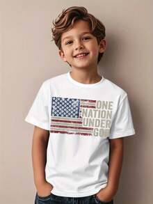 ONE NATION UNDER GOD Christian USA Vintage American Flag T-Shirt - Boys & Girls White Short Sleeve Casual Tee With Patriotic Red White Blue Lettering, Stars & Stripes Design, Round Neck, Machine Washable Christian Faith Apparel - Nhiều màu - Xem 1