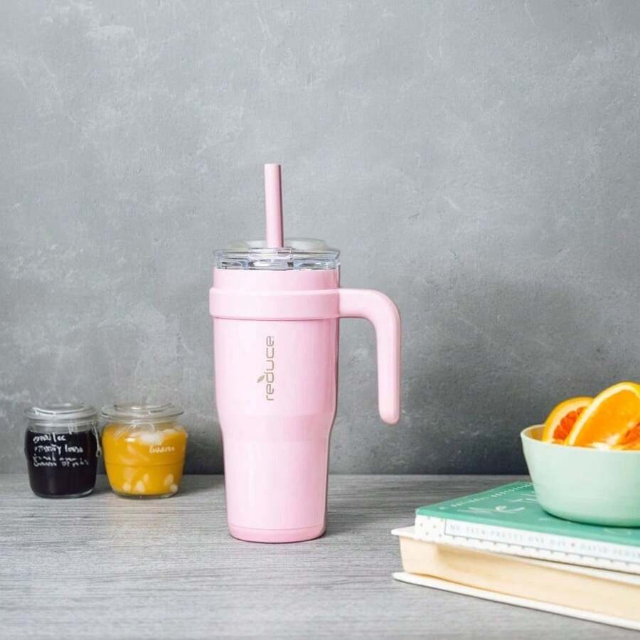 Pink Blossom Patterned 24-Ounce Stainless Steel Tumbler With Handle And Straw - Multicolor - View 1