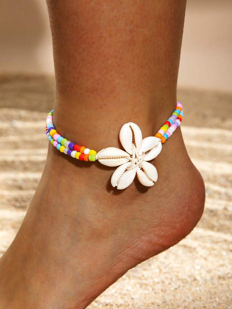 1pc Bohemian Style Beaded Resin & Shell Single Layer Anklet, Suitable For Beach Party, Jewelry Gift - Multicolor - View 7