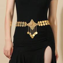 Esta corrente de cintura com pingentes de diamantes é feita de liga de zinco banhada a ouro, decorada com pingentes de moedas gravadas em tom dourado e diamantes, tornando-a a escolha ideal para a cintura da noiva romântica em casamentos, banquetes e bailes. - Estilo de cinto com pingente de liga de diamante - Ver 3