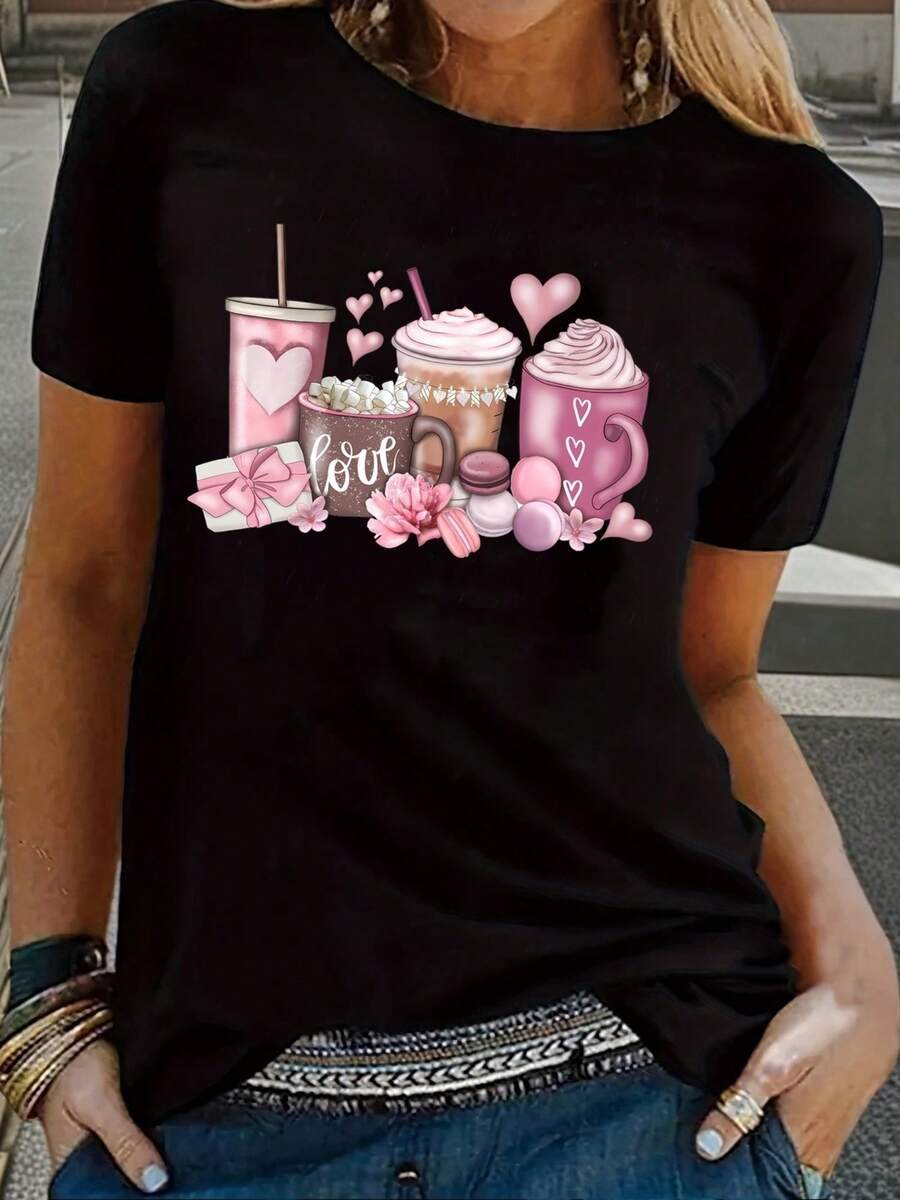 Camisa T-Shirt Y2K con diseño encantador de bebidas rosas y corazones, perfecto para mostrar tu amor por lo dulce. Ideal para ocasiones casuales y como regalo especial. ¡Destaca tu estilo único con esta pieza de moda en ! - Negro - Ver 1
