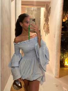 Women's Elegant Off-Shoulder Frill Trim Flare Sleeve Cinched Waist Pleated Dress, Blue, Spring/Summer - Blue - View 2