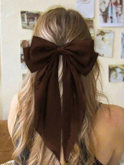 1个超大缎面蝴蝶结发夹，特大丝绸蝴蝶结发饰，法式发夹，可爱美观的发饰，适合情人节、开斋节、婚礼、派对、日常佩戴（棕色）