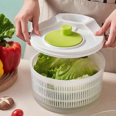 1 pieza Centrifugadora de ensalada multicolor y multifuncional, deshidratador manual de frutas y verduras, centrifugadora de verduras, cesta de lavado de frutas y verduras, centrifugadora de ensalada de verduras de doble capa y tazón de lavado, antideslizante, material de PP, set