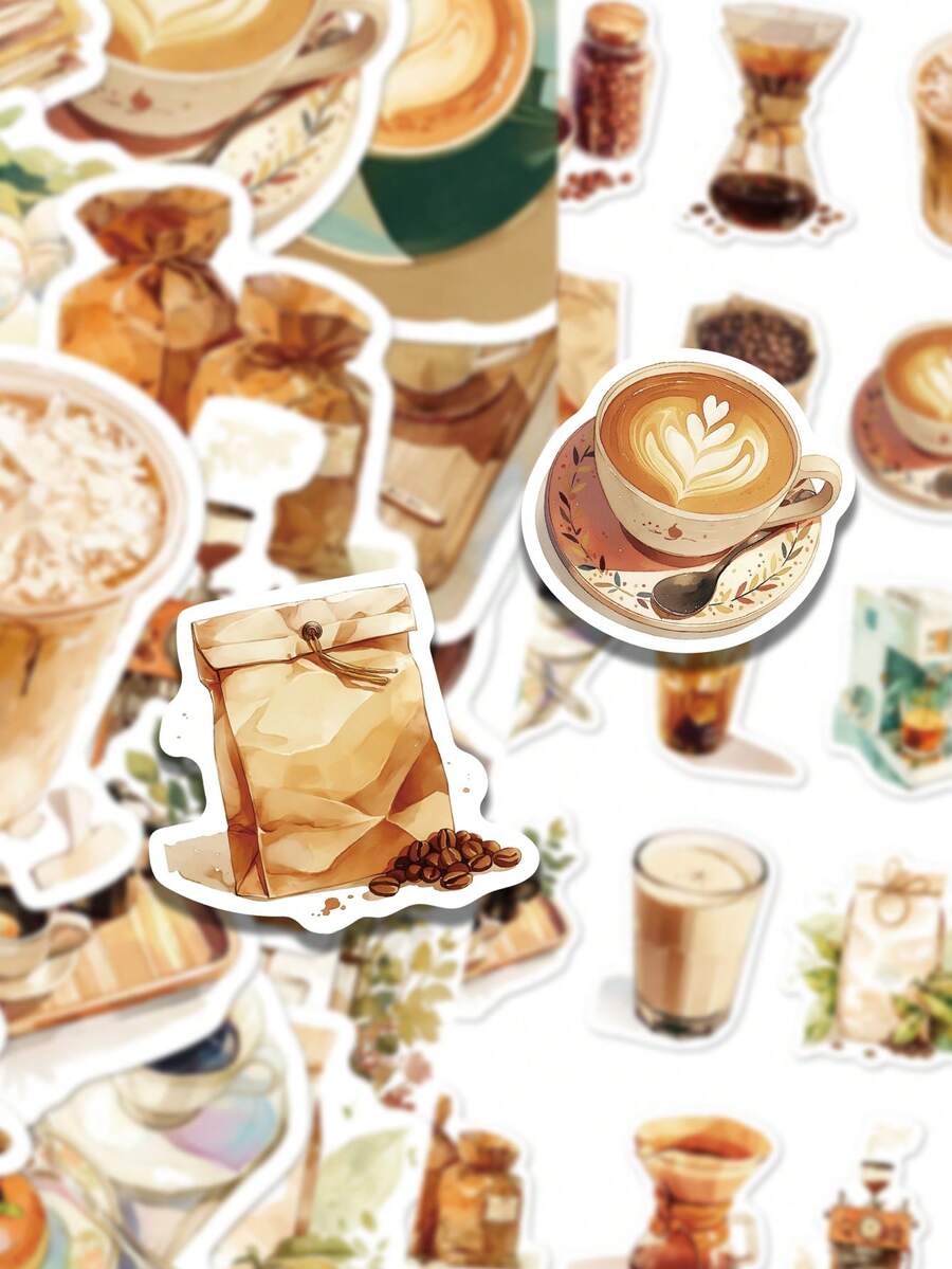 30张复古咖啡系列贴纸，优雅美观，适用于日记本、手机壳、平板电脑、水瓶、桌面、行李箱等，防水贴纸 - 彩色 - 查看 1