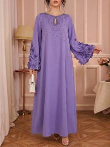 Solessence 女式手工 3D 花卉优雅前蝴蝶结珍珠串珠阿拉伯风格连衣裙，端庄 - 紫色 - 查看 9