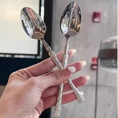 2/6/12pcs Patterned Stainless Steel Dessert Spoons, Suitable For Appetizers, Desserts And Stirring, For Home, Kitchen And Restaurant Use