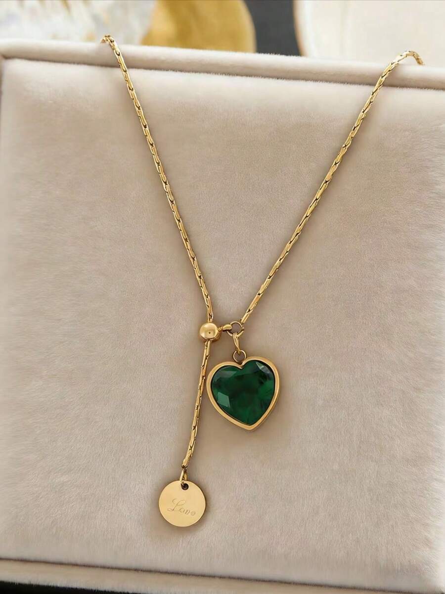 Luxury Green Diamond Heart Pendant Necklace, Gold Chain Circular Disc Pendant, Women Choker Necklace - Heart Necklace - View 1