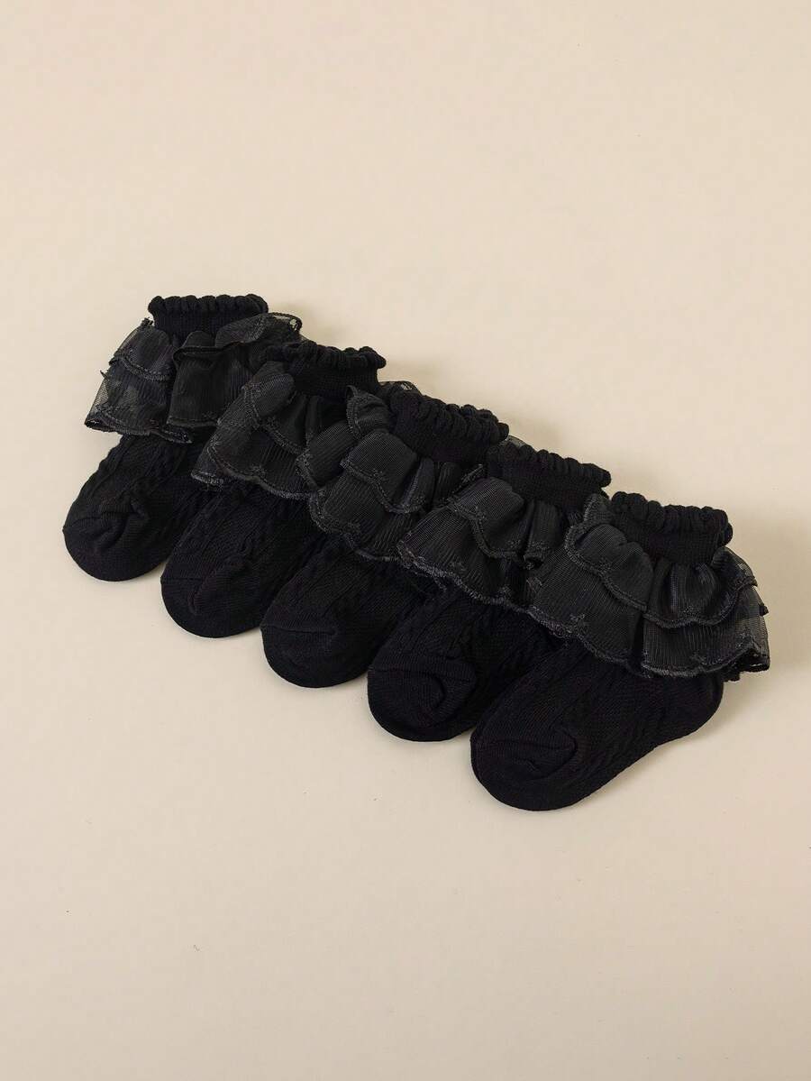 5双装女童春夏黑色舞蹈袜，可爱精致亲肤柔软蕾丝边袜，经典简约轻便透气网眼袜，适合日常搭配裙子、参加派对、度假、舞蹈练习等场合。 - 黑色 - 查看 1