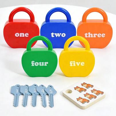 7色苹果锁，儿童益智拼图玩具，锻炼精细动作技能，苹果图案数字字母配对，亲子互动游戏