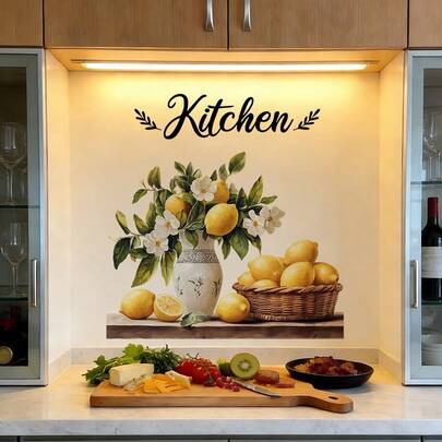 1/2 Sets Vintage Wine & Lemon Wall Stickers, Removable Self-Adhesive Waterproof PVC, Suitable For Kitchen, Dining Room, Wine Cabinet, Refrigerator Decor, Home Decoration