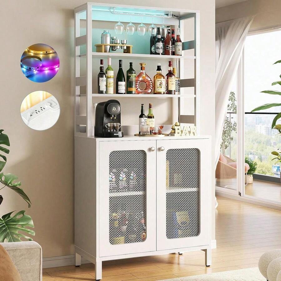 Muebles para Cocina, Gabinete para Vinos con Luces LED, Cantina Bar Mueble para Casa con Toma de Corriente, 5 Niveles Estante para Vinos y Copas, Gabinetes de Almacenamiento (Negro/Blanco) & cocina | cocina accesorios | accesorios para cocina - Blanco - Ver 1