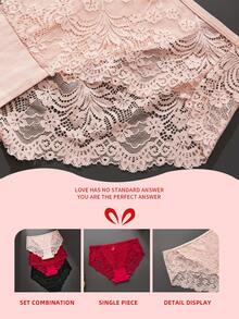 3pcs Plus Size Solid Color Lace Patchwork Bikini Briefs - Multicolor - View 3