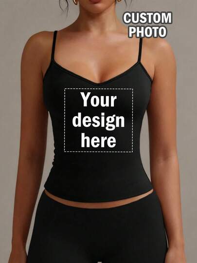 Customizable V-Neck Camisole For Women - Add Your Own Photo (Pattern/Logo/Selfie/Pet/Family Photo Etc.), Removable Background, Personalized Printed Tank Top, Customized Gift, Women's Customized Camisole, Gift For Girlfriend/Family, Birthday Gift, Wedding Gift, Women's Top, Women's Camisole, Women's Summer Top Sports, Summer Elegant