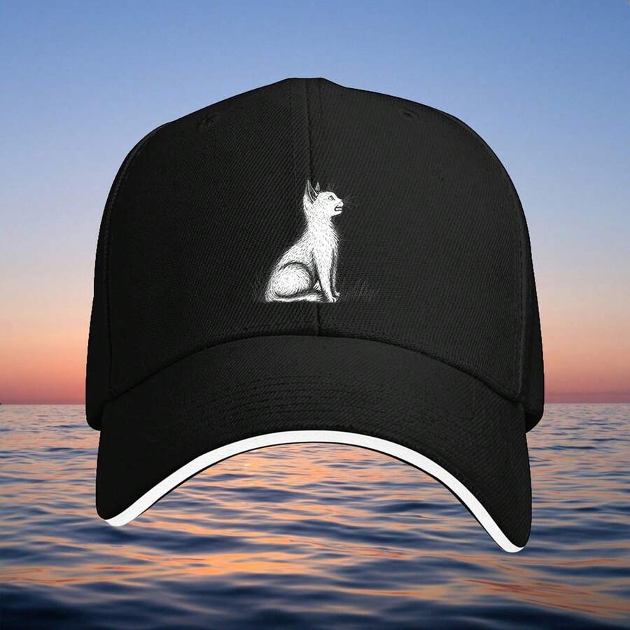 1pc Baseball Cap With Minimalist White Cat Design - Adjustable Strap, Black & White Contrast Brim, Lightweight Hat For Outdoor Sports, Casual & Formal Events - Unisex Trucker Hat For Men & Women, Sports Accessory, Stylish Headwear, Durable Construction, Fashion Headwear, Streetwear Lovers - 黑色 - 查看 1
