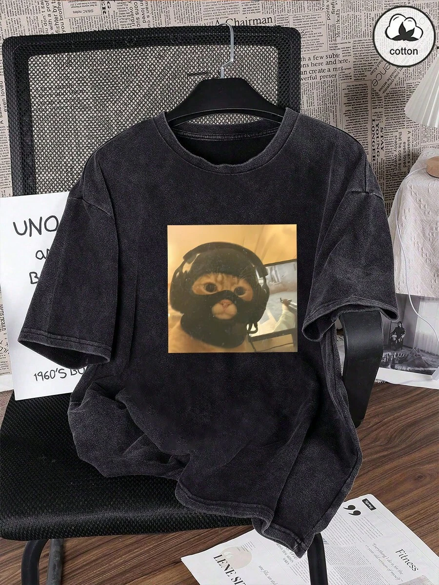 Women's Summer Retro Washed Cool Cat Tuan Casual Simple Loose Everyday Retro Round Neck Short Sleeve T-Shirt TopCotton - Black - View 1