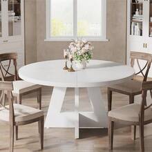 LITTLE TREE Farmhouse Dining Table, 120 Cm Round Dinner Table For 4, Rustic Wood Dining Room Table For Home Dining Room Living Room (Easy Assembly) - White - View 9