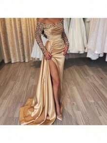 Women's Sexy One-Shoulder Long Sleeve Beaded V-Neck Large Swing Sequin Slit Elegant Long Dress For Party Prom - Vàng - Xem 4