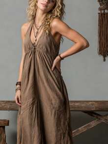 Women's Retro Bohemian Spaghetti Strap Dress - A Loose-Fitting, Sleeveless, V-Neck, Casual Maxi Dress In Brown, Perfect For Bohemian-Style Vacations. - Dark Brown - View 4