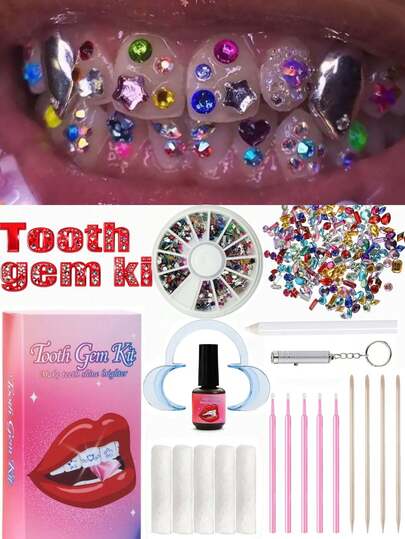 318 piezas Conjunto de joyas de dientes de rhinestone, incluye herramientas, kit de gemas para dientes DIY, fácil de ensamblar y desarmar, 12 formas diferentes, colorido, plateado, decoraciones de dientes brillantes de color rosa de moda, viene con todas las herramientas y pegamento, luz de curado UV, unisex para accesorios de fiesta diaria