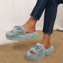 Women's Elegant Rhinestone Bow Slippers Cozy Fur Slides For Indoor And Relaxation Wear - Màu xanh lam - Xem 1