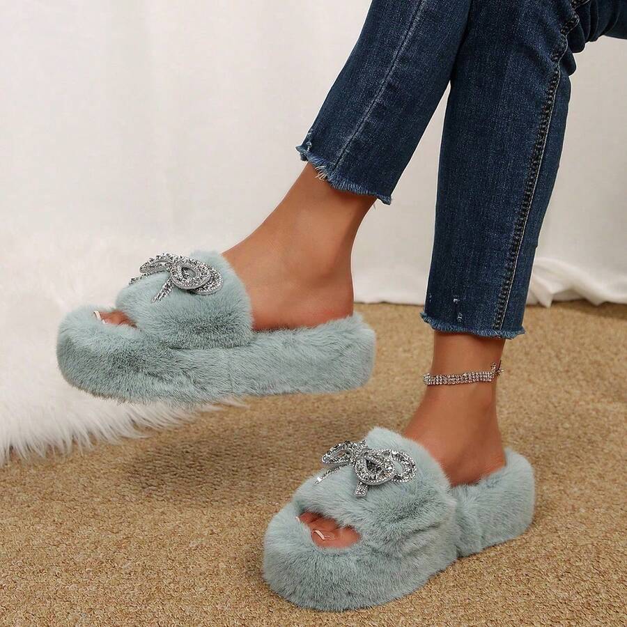 Women's Elegant Rhinestone Bow Slippers Cozy Fur Slides For Indoor And Relaxation Wear - Màu xanh lam - Xem 1