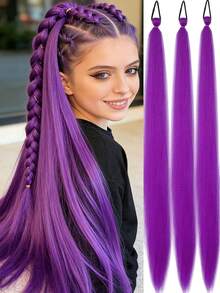 3条/包 26英寸红紫色编织假发，带松紧带，女士夹式接发，合成渐变色编织马尾辫 - 彩色 - 查看 2