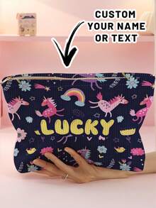 1pc Customized Name Cartoon Dinosaur Pattern Corduroy Toiletry Bag, Perfect For Organizing Toiletries On The Go, Can Be Customized According To Your Unique Design, Very Suitable For Children, Print Your Own Name Or Print Your Sister's And Classmates' Names As A Gift For Them - Multicolor - View 13