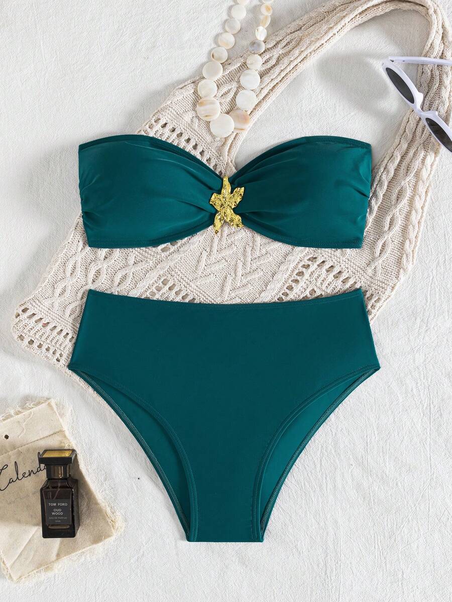 wohenmeili 1 Set Metal Decor Bikini Top And Bottoms, Starfish Decor Swimsuit Set - Dark Green - View 1