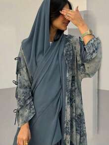 2pcs/Set Modest Style Muslim Women Chiffon Printed With Headscarf Summer Casual Jacket Set - Blue - View 5