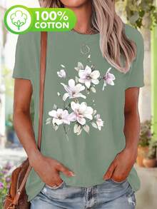 LIDANR 1PC Plus Size, Plus Size Women&Apos;S Casual Short Sleeve T-Shirt - Elegant Watercolor Magnolia Floral Print, Round Neck Top, Machine Washable & Breathable For Casual Attire, Allseason Apparel, Semitransparent Material Valentine's Day Shirts - 淺綠色 - 查看 7