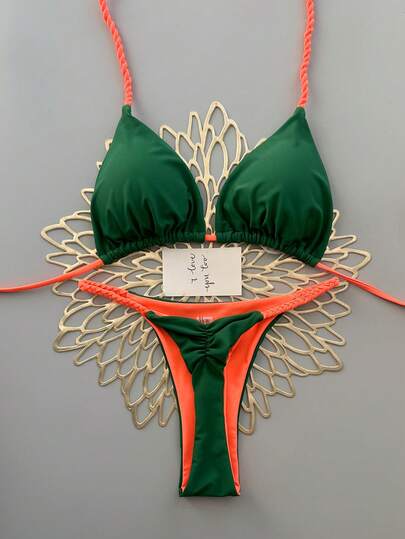 2pcs Bohemian Leopard Print Casual Cute Elegant Sexy Tie-Dye Crochet Contrast Trim Bikini Swimsuit, Beach Holiday, Spring/Summer