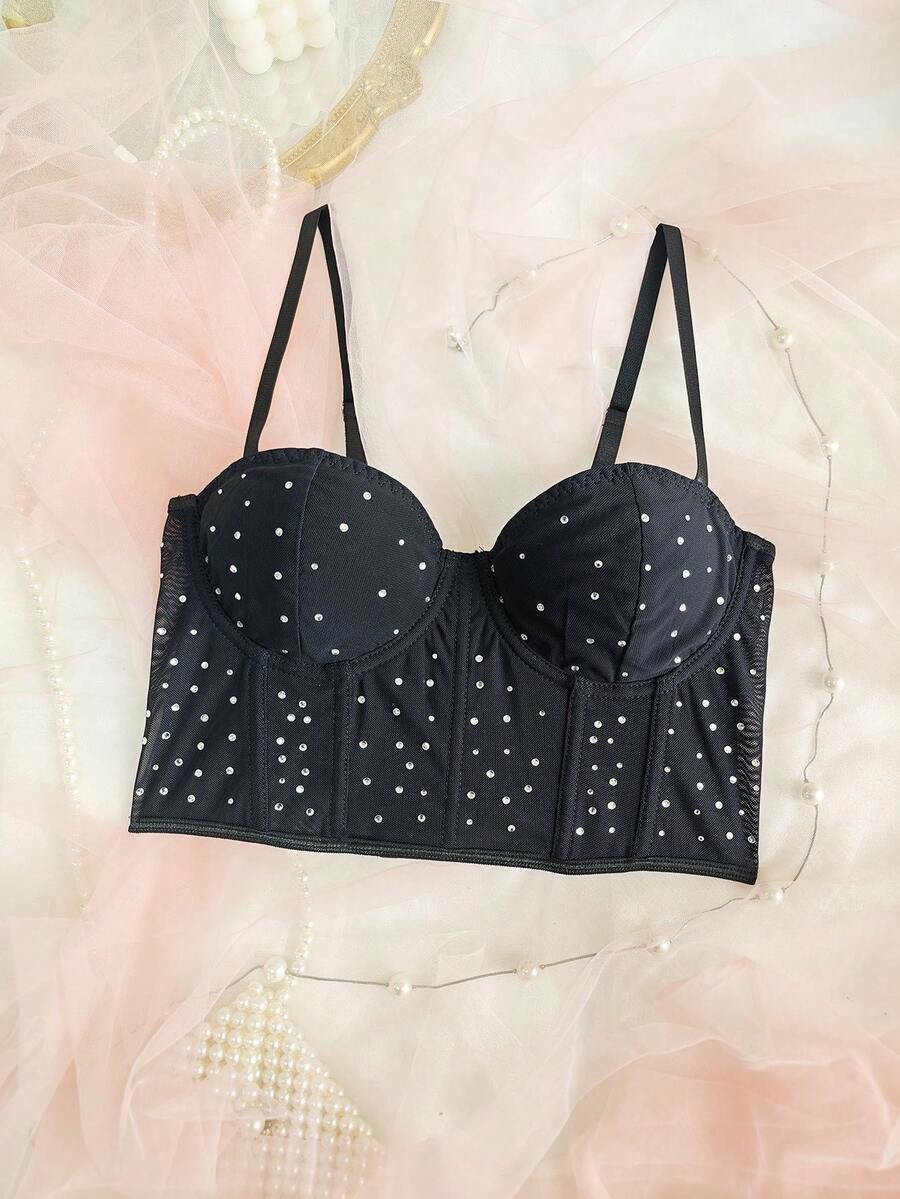 1pc Black Rhinestone Spaghetti Strap Tight Top - Mesh Panel Waist Cinching Bust Enhancing Sexy Chic For Dates & Parties - Black - View 1
