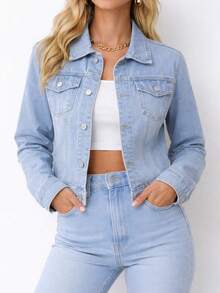 Women's Cropped Fitted Denim Jacket – Classic Button Front Short Jean Jacket, Casual Slim Fit Layering Top - Light Wash - View 4