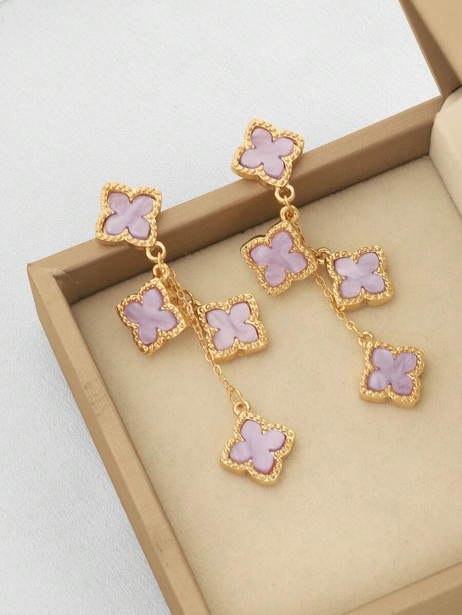 1 Pair Alloy Fashion Elegant Four-Leaf Clover Flower Dangle Earrings, Suitable For Parties, Festivals, And Everyday Wear For Women - Multicolor - View 1