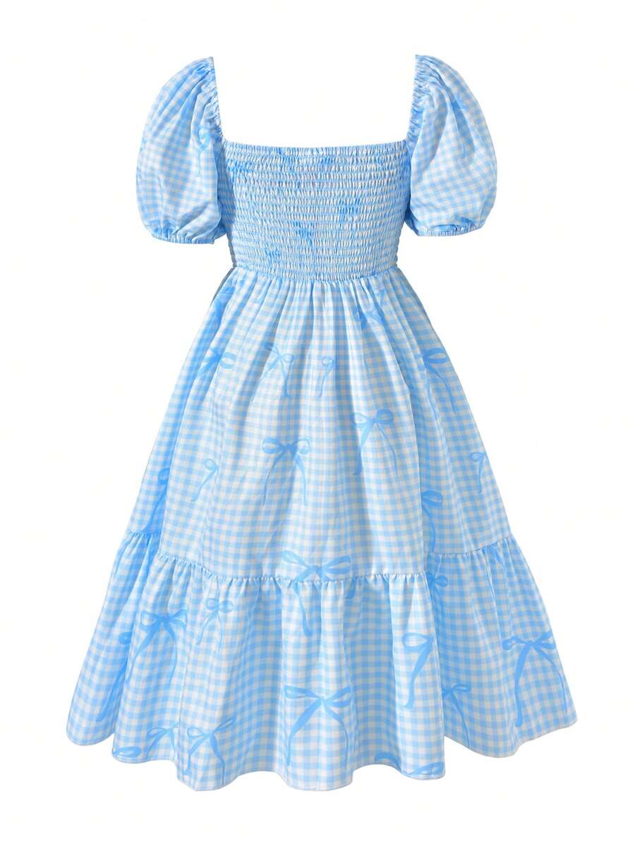Vihyde Tween Girl Plaid Bow Print Puff Sleeve Vacation Style Dress - Baby Blue - View 1