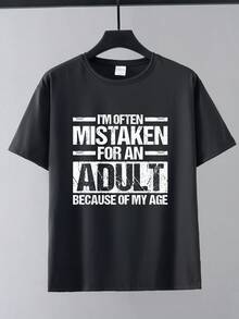 男士休闲时尚字母图案圆领短袖T恤，夏季 - 黑色 - 查看 2