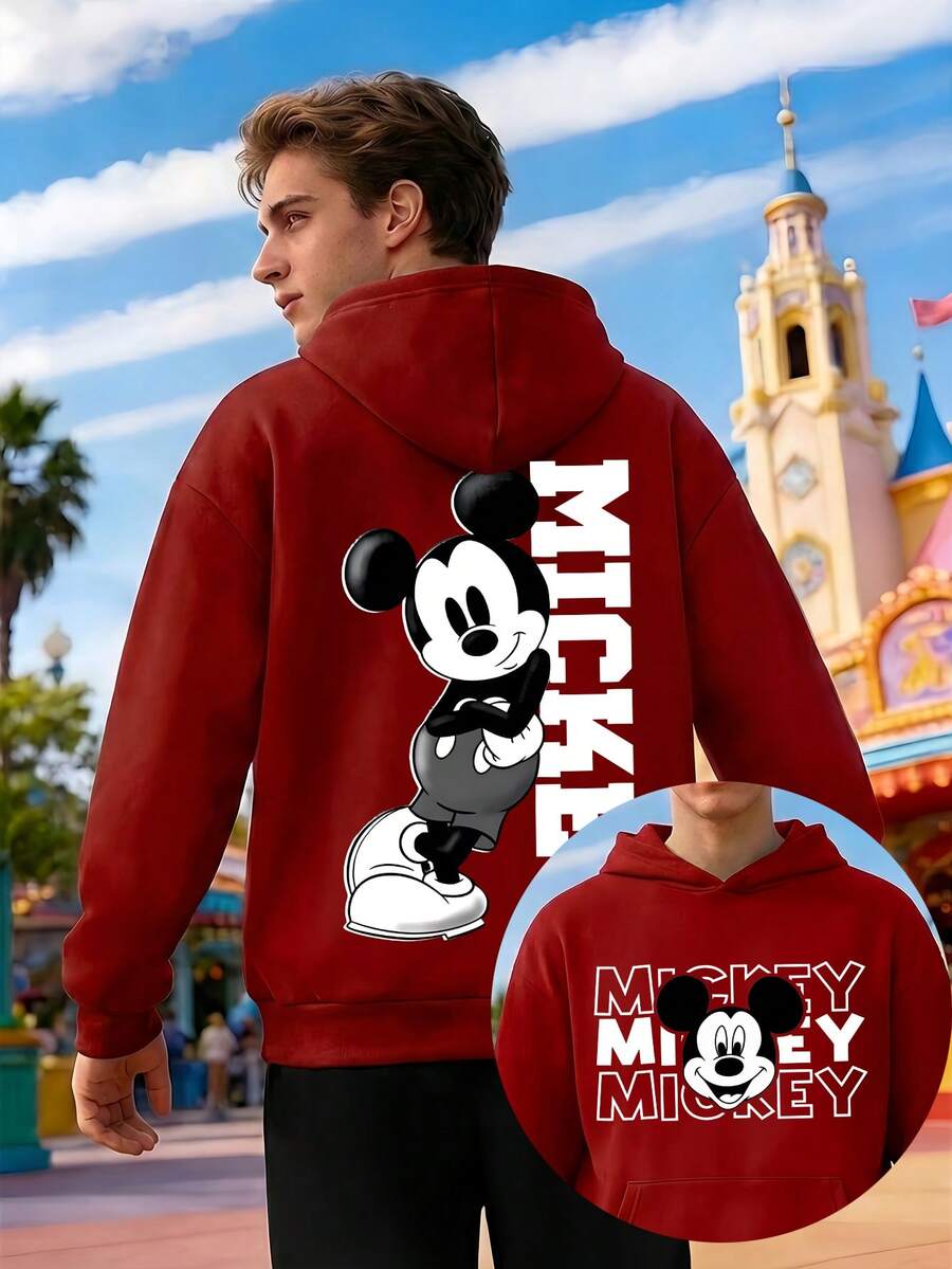 Men's Crew Neck Sweatshirt And Sweatpants Set, Featuring Disney Mickey Mouse Lettering And Mickey Mouse Prints, Sportswear, Comfortable Men's Hoodie And Sweatpants Two-Piece Set, The Best Gift For Men. - Red - View 1
