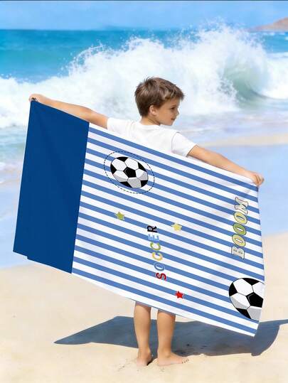 1 pieza Toalla de ducha a rayas azules para niños de fútbol, toalla de playa, toalla de microfibra de secado rápido, perfecta para niños deportes viajes natación, toalla grande y ligera para playa piscina campamento
