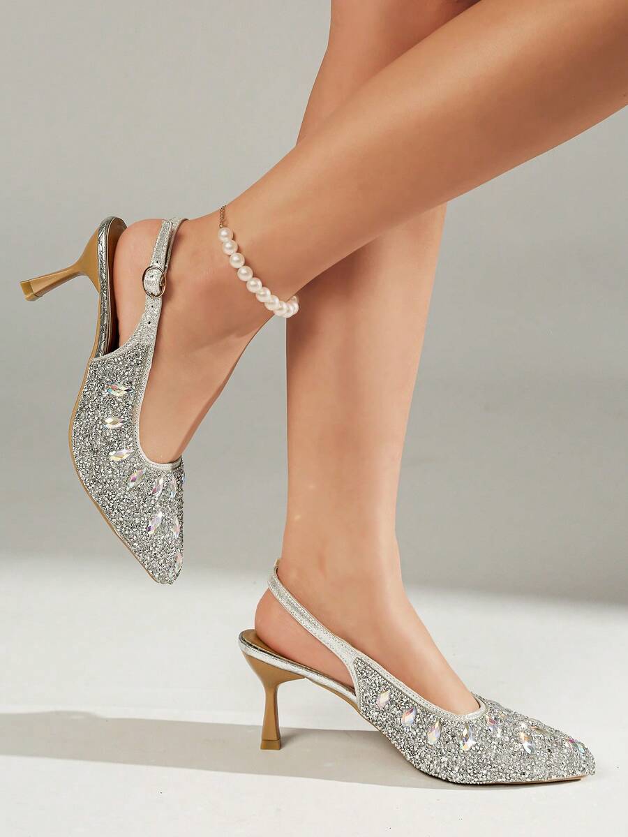 优雅水钻搭扣尖头高跟鞋，水钻装饰闭趾踝带凉鞋，女士春季款 - 銀色 - 查看 1