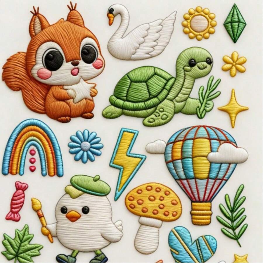 4 Sheets Cute Cartoon Pattern Self-Adhesive Embroidery Kit, Water Soluble Stabilizer Sheets, Washable Stick & Stitch Embroidery Patterns