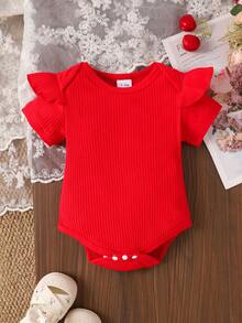 2件套女婴可爱红色罗纹连体衣+樱桃印花背带裙套装，春夏假日 - 紅色 - 查看 6