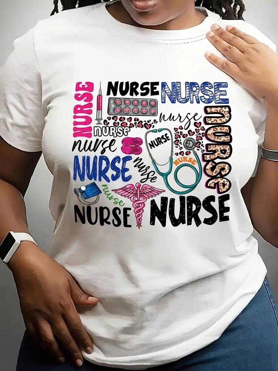 Short-Sleeved Round-Neck T-Shirt With A Nurse Pattern, Casual Style, Made Of Knitted Fabric, Featuring Letter Designs, Regular Length Suitable For Wearing In All Seasons - Trắng 1 - Xem 1
