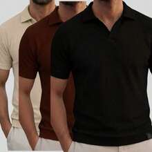 Kit Of 3 Textured Italian Polo Shirts Without Buttons, Slim Sleeves. - Beige, Brown and Black - View 8
