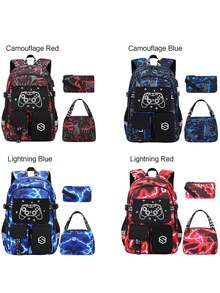 1 Set Kids Backpack With Cool Pattern, USB Charging Port, Game Controller Print, Includes Lunch Bag, Luggage Strap, Zipper Closure, Multi-Pocket Design, Suitable For Daily Use, Camouflage Blue/Red Set - Lightning - View 2