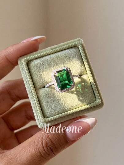 Stylever 1 buc Inel de Lux cu Zirconia Verde, Bijuterii pentru Femei, Verighetă Elegantă din Argint Sterling 925, Bijuterii Rafinate, Cadou Aniversar, Bijuterii de Mireasă, Accesoriu pentru Bal