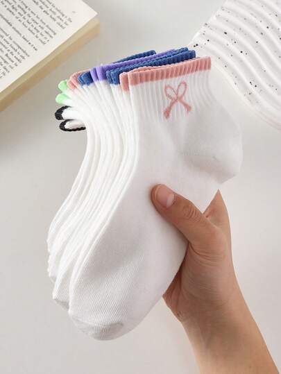 5 Pairs Women's Short Socks, Bow Tie White Ankle Socks, Suitable For All Seasons, Random Colors