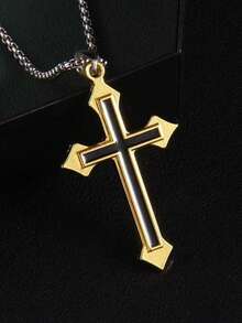 男士哥特朋克风双层3D十字架不锈钢吊坠项链 - 金色 - 查看 5